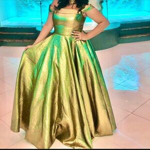 Gold off the shoulder ball gown dress!